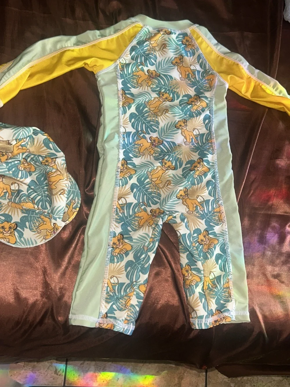 Kids Yellow & Mint Lion Print Long-Sleeve Swimsuit with Sun Hat